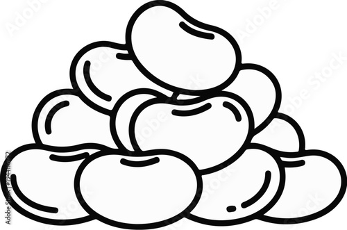 Pile of oval-shaped legumes with curved lines indicating dimension