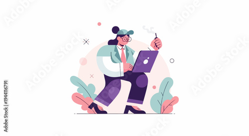 Stylized figure with laptop and vaping device amidst abstract foliage