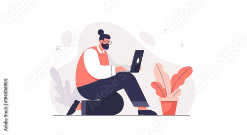 Modern illustration of a man working on a laptop surrounded by plants