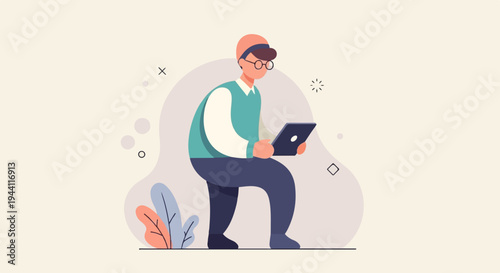 Person in glasses wearing a cap and sweater, using a tablet