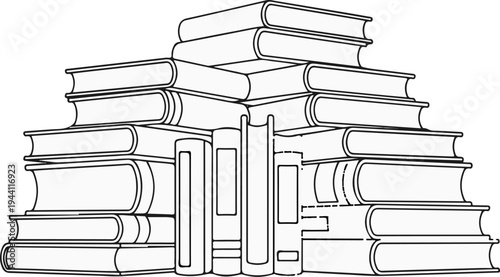 A pyramid-like stack of open books with visible pages and covers, forming a structure