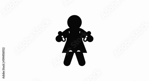 A simple black silhouette of a female figure in a dress with arms outstretched