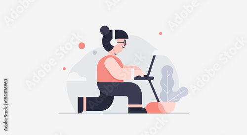 Flat design of a person with headphones typing on a laptop