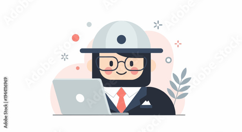Cheerful person in suit and hat working on laptop, surrounded by decorative elements