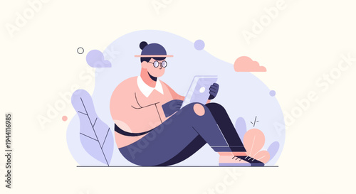 Person with glasses and hat on tablet surrounded by plants and clouds