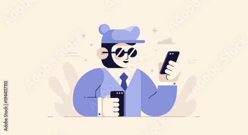 Stylized character wearing a cap and sunglasses, holding two phones