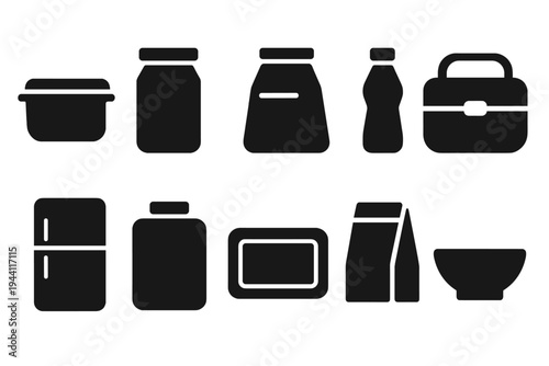 Food storage silhouette icon set. Containers, jars, fridge, kitchen symbols silhouette.
