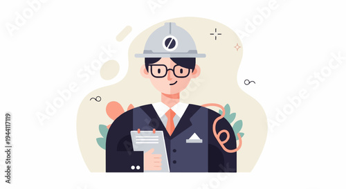 Professional man in hard hat and suit holding clipboard