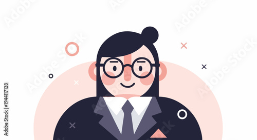 Stylized illustration of a person in a suit, wearing glasses and a bun
