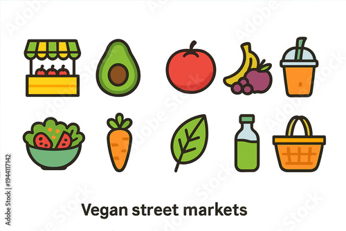Vegan food flat icon set. Fresh market, organic produce, fruit, smoothie icons.
