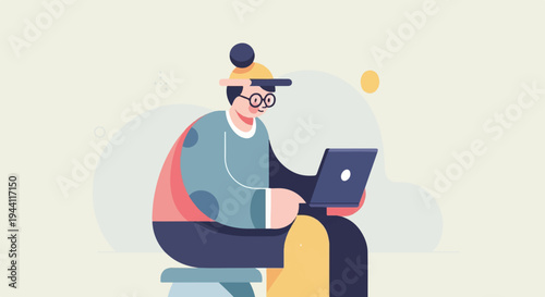 Animated figure with glasses works on a laptop, seated on a stool