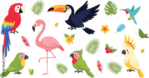 Cute Tropical Birds Cartoon Vector Collection Featuring Parrot, Toucan, Flamingo, Cockatoo and Hummingbird with Feathers, Flowers, Leaves and Jungle Nature Elements.
