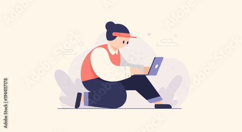 Person sitting on the floor with a laptop, cartoon style
