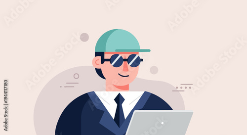 Person in suit and cap with sunglasses works on laptop