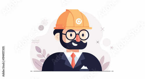 Friendly cartoon engineer with beard, glasses, and hard hat