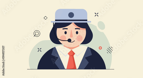Animated cartoon person in formal attire with headset and hat