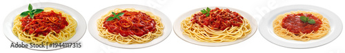 Foto A delicious photograph of four individual servings of spaghetti with rich tomato sauce and fresh basil