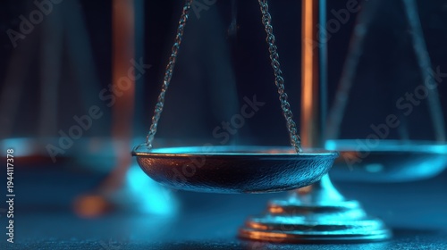 Scales of justice symbolizing fairness and balance in a legal context at night with blue lighting