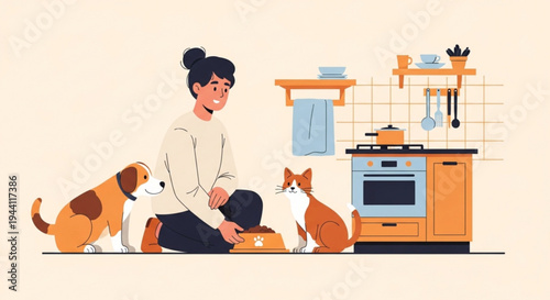 Woman feeding pets in kitchen with dog and cat