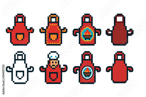 Cooking aprons outline icon set. Kitchen, chef aprons icons in pixel art style.