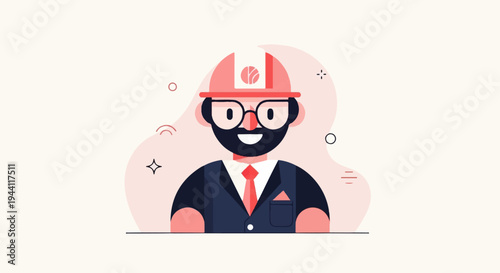 Flat illustration of a smiling male figure wearing a hard hat