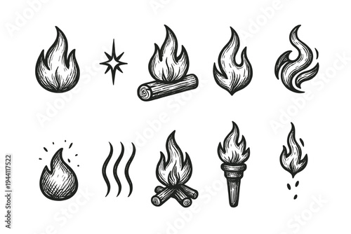 Fire and flame outline icon set. Campfire, torch, heat symbols collection
