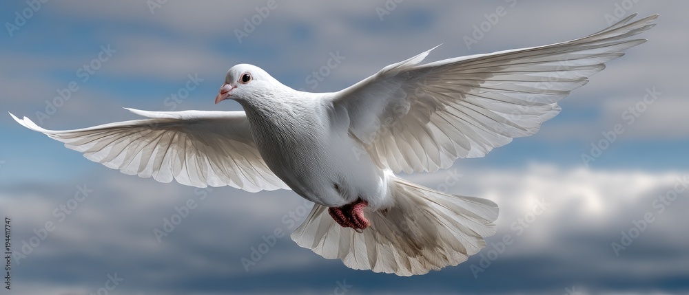 Obraz premium Dove flies freely in blue sky with clouds, showing hope and a connection to the spirit in a display of flight captured with precise detail