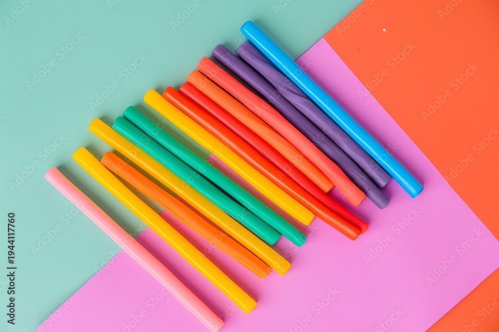 Fototapeta premium Colorful plasticine sticks on colored paper flat lay creative craft banner with copy space