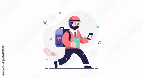 Flat illustration of a person with a backpack, holding a phone and pad