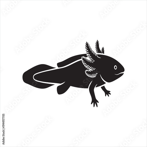 WebBlack and white axolotl graphic design. aquatic creature silhouette illustration. mexican walking fish icon. unique amphibian nature element.