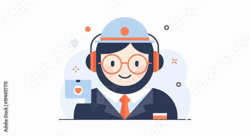 A smiling person wearing headphones and glasses, holding a smartphone