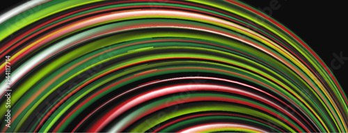 Abstract colorful lines form curved shape. Vibrant reds, greens, whites create dynamic visual effect. Modern design element.