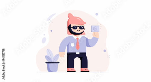 Cartoon man in glasses and hat taking a picture with camera