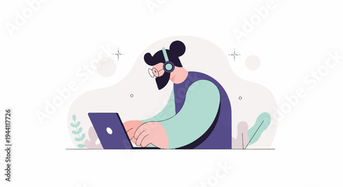 Man with headphones and glasses working on a laptop with plants