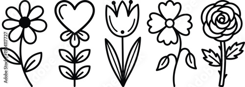 Minimalist Floral Line Art Set ? 5 Hand-Drawn Flower Icons.eps