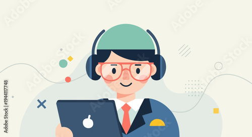 Stylized person with headphones, glasses, tie, and laptop, geometric shapes