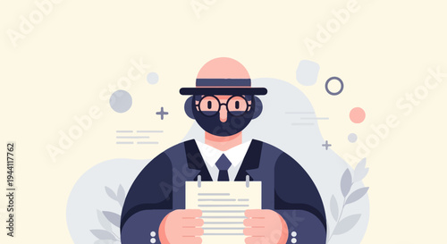 Flat illustrated man in hat and suit holds a document with abstract shapes