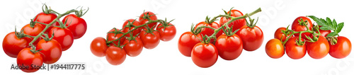 Photos A vibrant photograph of four bunches of fresh red cherry tomatoes on the vine, isolated on transparent
