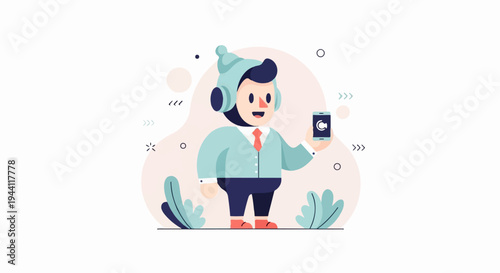 Cheerful cartoon character in a hat and headphones holds a smartphone