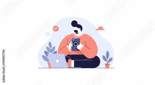 Person holding phone, laptop and plants
