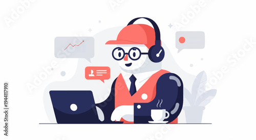 Cheerful cartoon operator with headphones and laptop enjoys a hot beverage