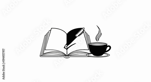 Open book with pen and steaming coffee cup