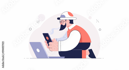 Bearded man in hat uses smartphone and laptop, abstract background