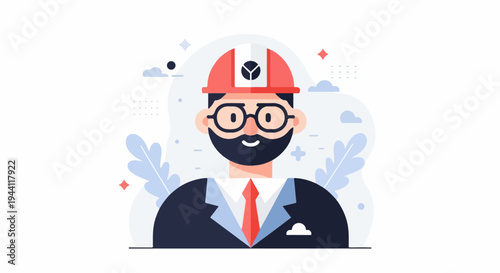 Stylized portrait of a man in a hard hat and suit, featuring abstract background elements