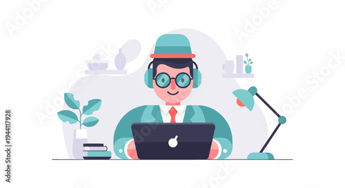 Enthusiastic man in hat and headphones works on laptop