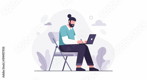 A person with a bun hairstyle sits on a chair typing on a laptop