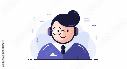 Stylized person wearing headphones and glasses, formal attire