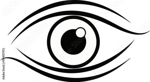 Stylized black and white graphic of a single human eye with curved lash lines