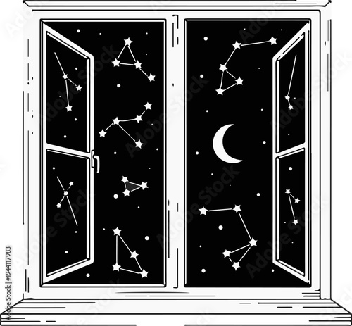 Open window reveals starry night sky with constellations and crescent moon