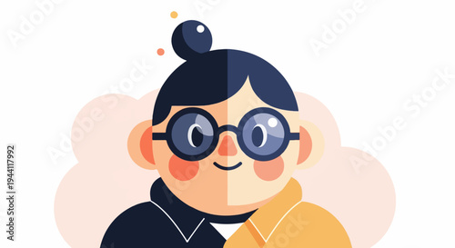 Stylized character portrait with large glasses and a bun hairstyle
